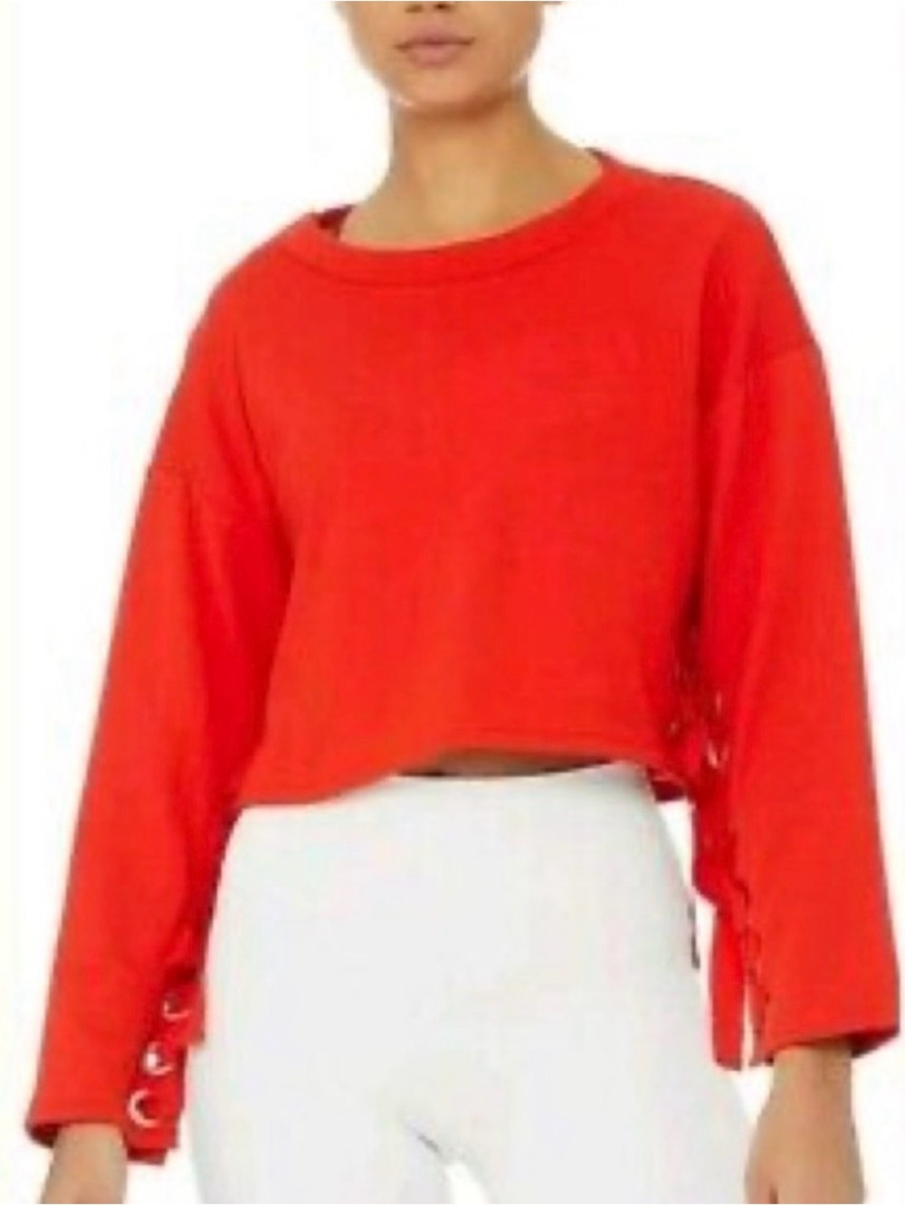 ALO Yoga Red Cropped Crewneck Sweater with Side Lace-Up
